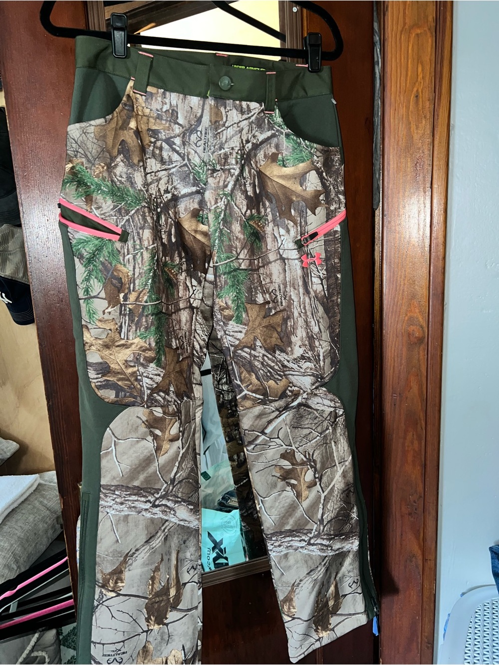 Women’s Cargo Pants with Pink Accents - Olive Green Camo